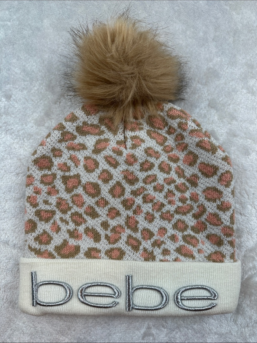 Bebe Leopard Print Knit Beanie Hat Faux Fur Pom Pom OSFM Winter Cap Women’s